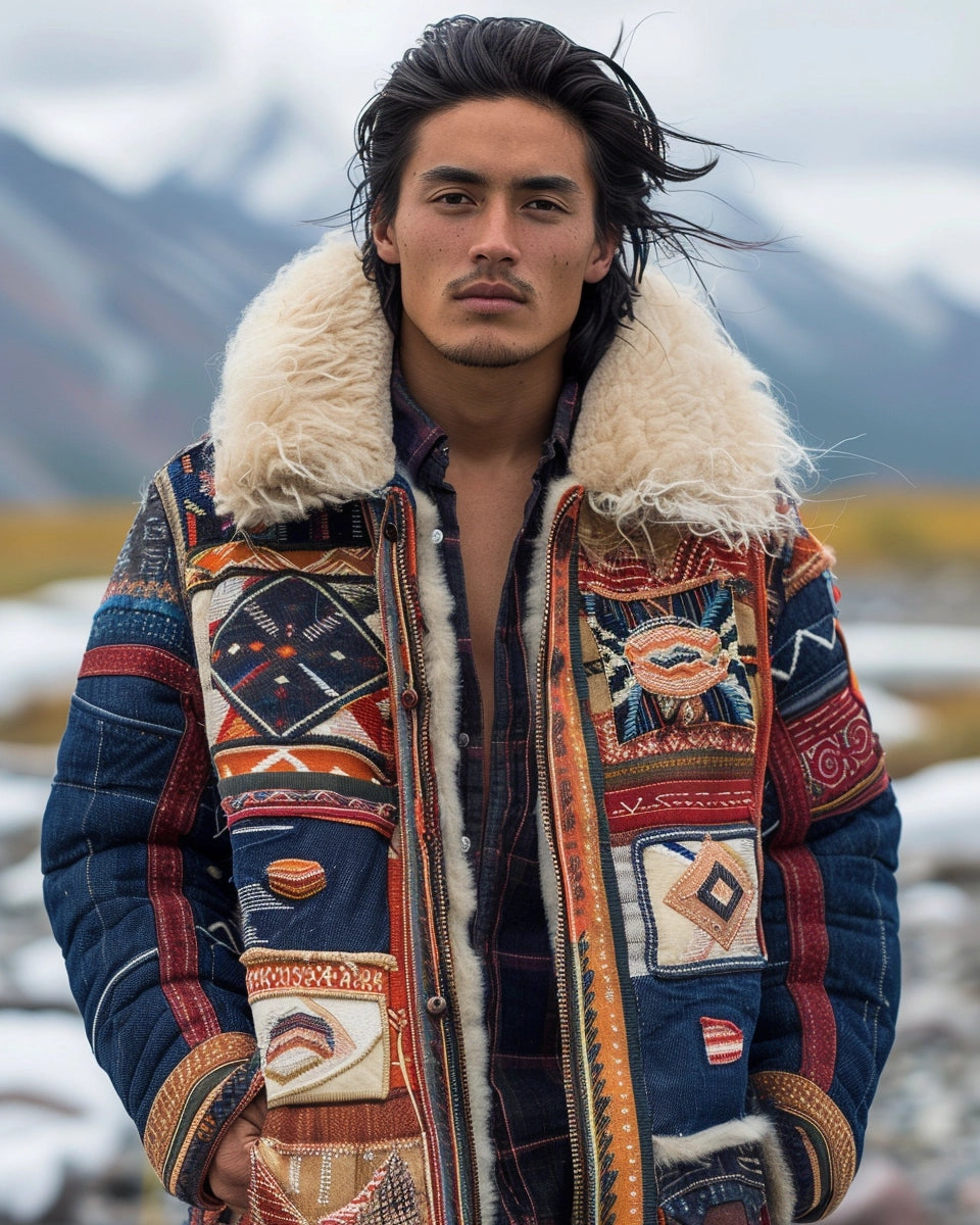 Showcase 1970s-inspired men's patchwork jeans evolution into modern, sophisticated fashion. Summer season. Latino male. Denali National Park, Denali, AK city background.