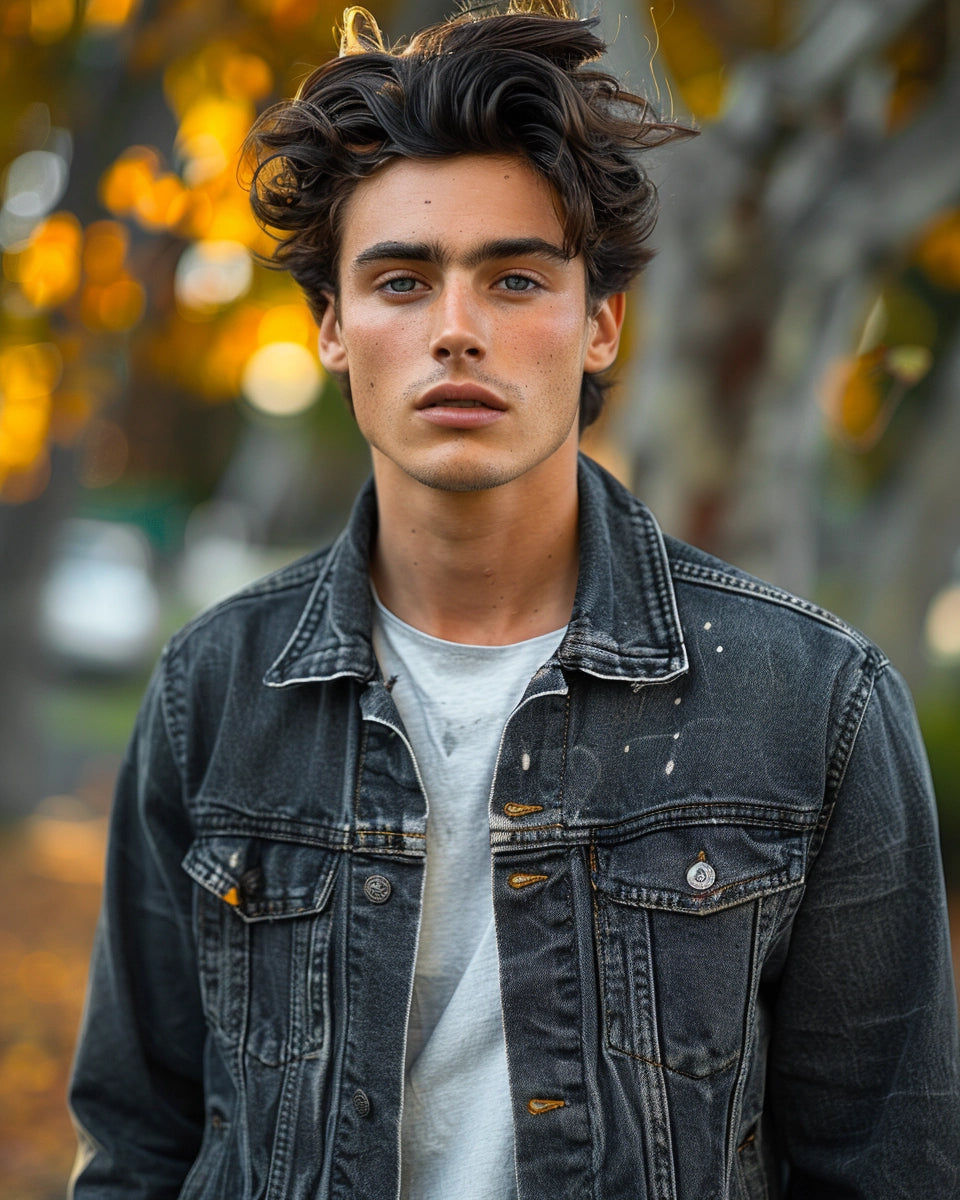 Bauhaus: Model in minimalist men’s grey jean jacket showcasing functional fashion. Summer season. French male. Christchurch Botanic Gardens, Christchurch, New Zealand city background.