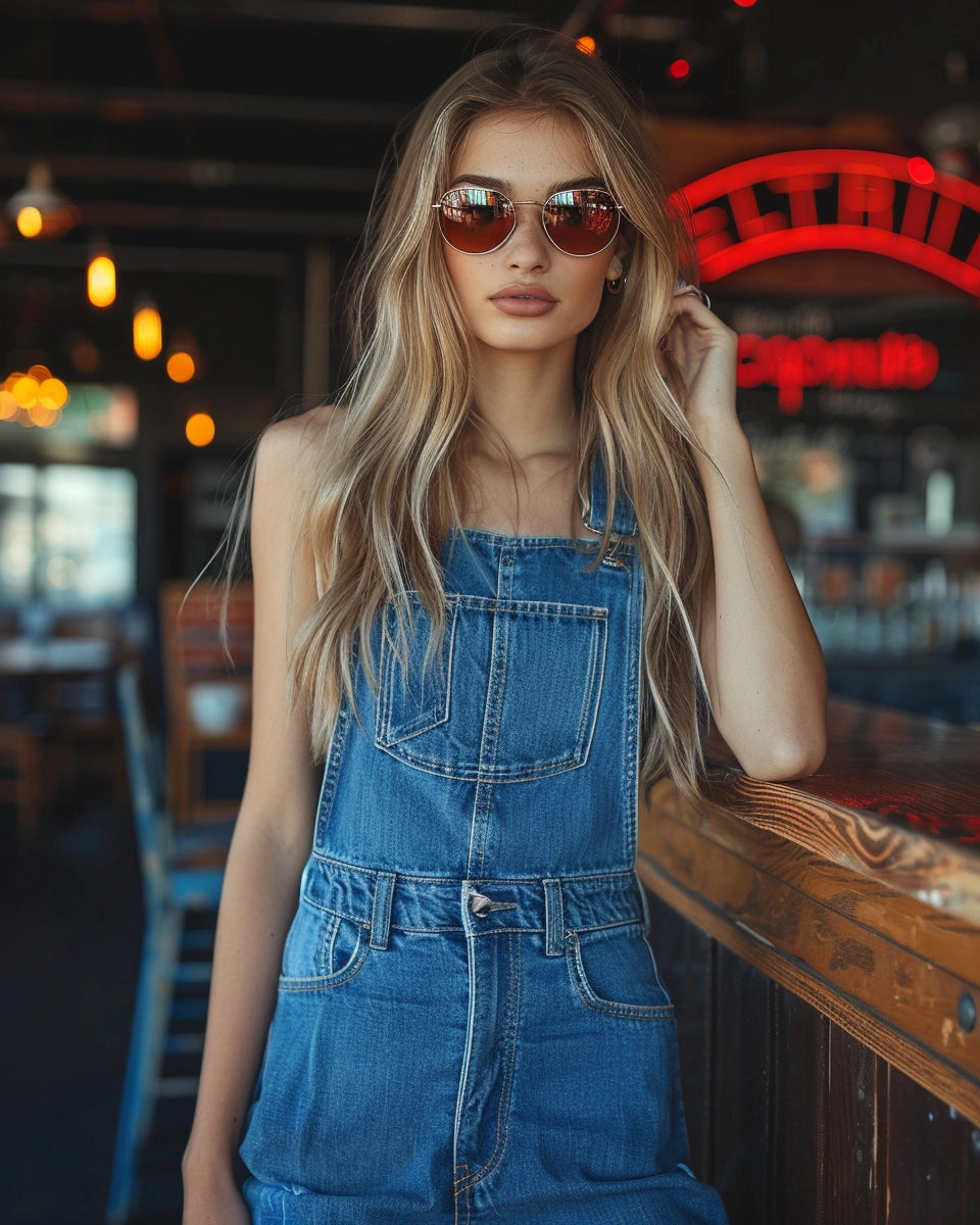 Women's jeans overalls resurgence, forefront of contemporary style, vibrant and rejuvenated. Summer season. English female. Wisconsin Dells, Wisconsin Dells, WI city background.