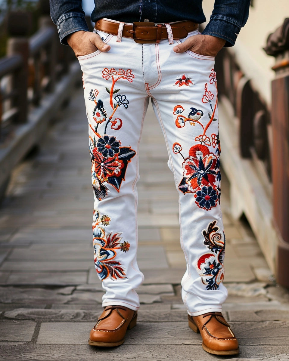 Exclusive men's embroidered jeans showcasing quality and innovative design. Summer season. White male. Henry Doorly Zoo and Aquarium, Omaha, NE city background.