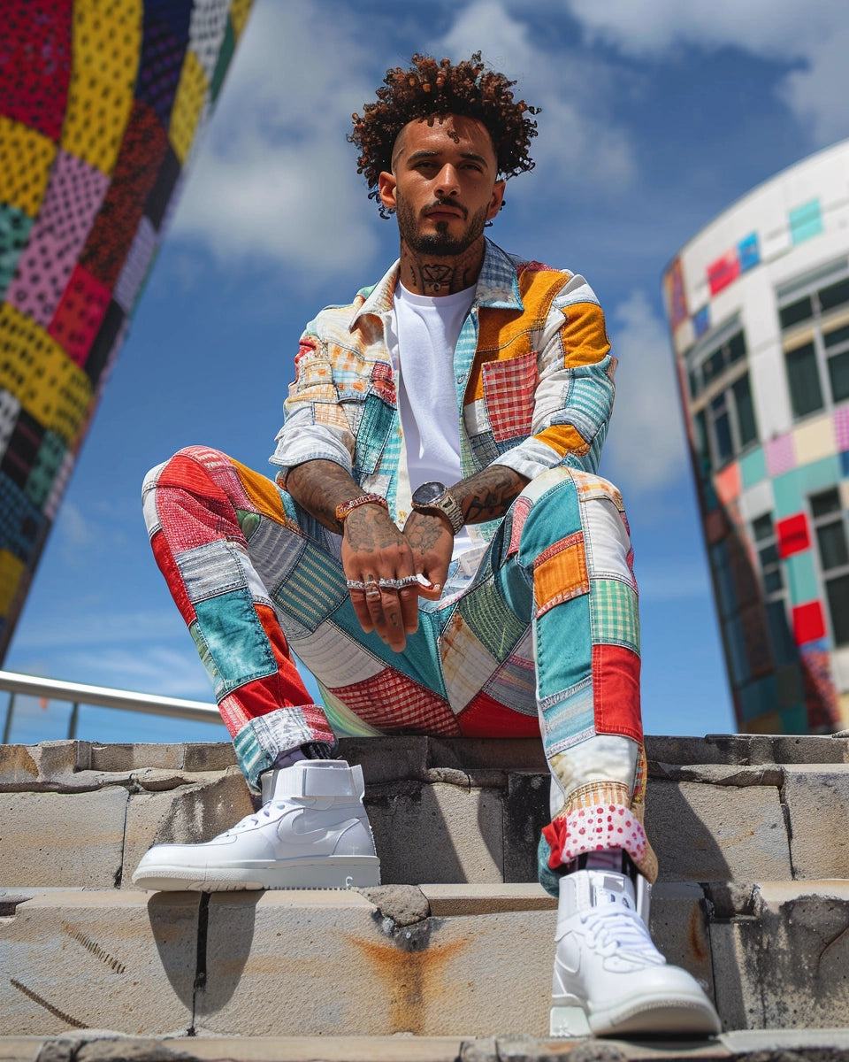 Showcase men's patchwork jeans in a dynamic, versatile fashion image. Summer season. Latino male. MONA (Museum of Old and New Art), Tasmania city background.