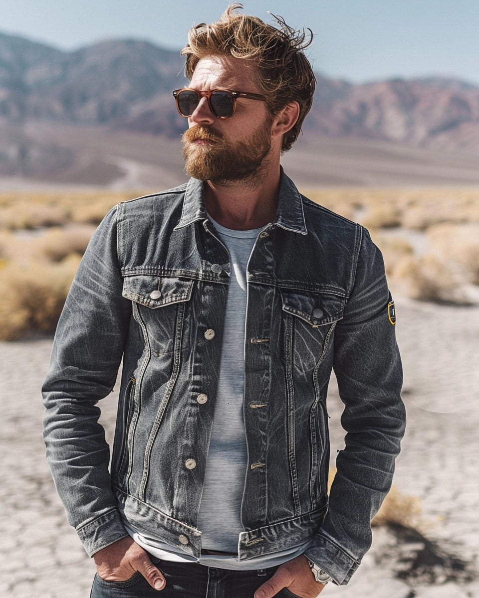 Eco-conscious men's grey jean jacket, timeless elegance, sustainable fashion. Summer season. White male. Death Valley National Park, Death Valley, CA city background.