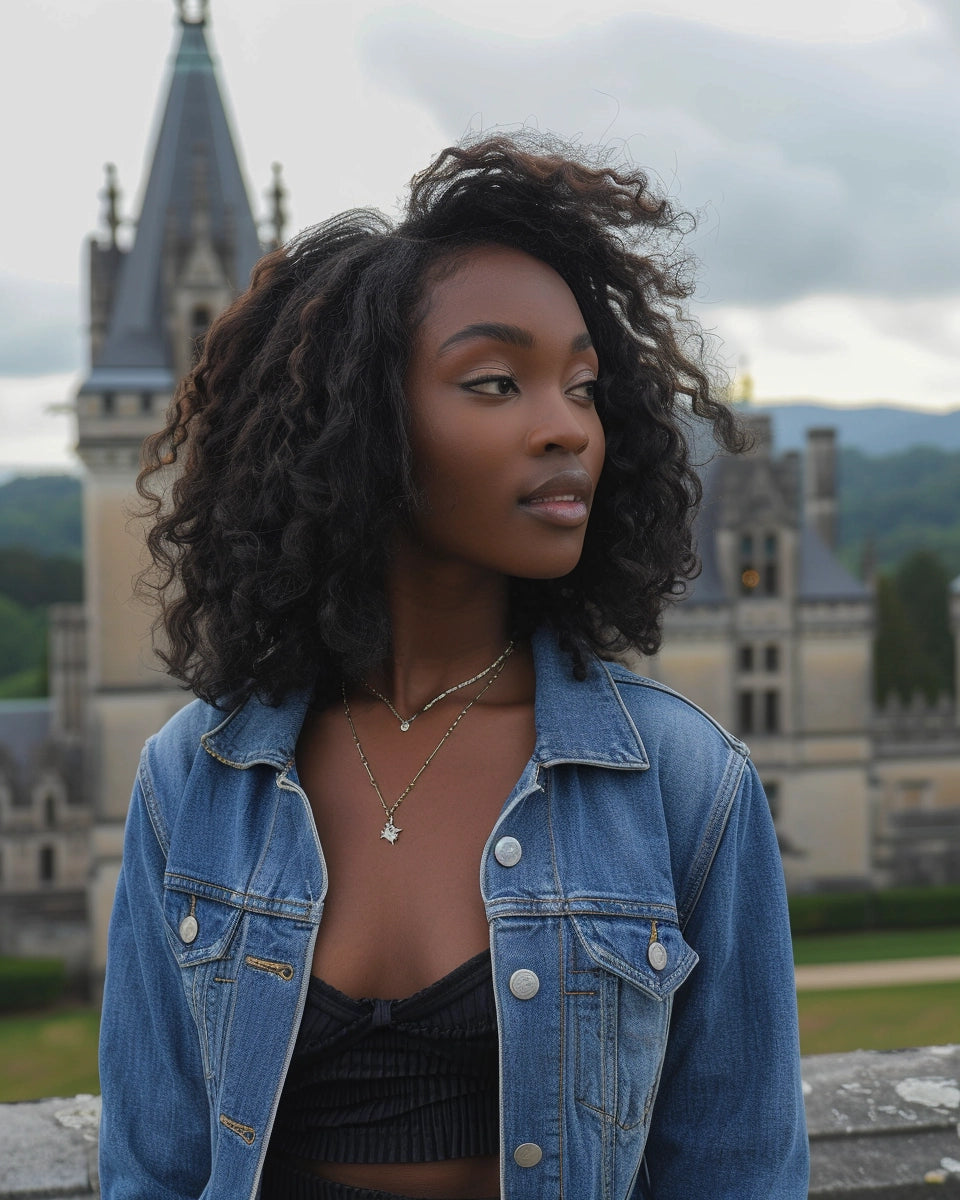 Showcase diverse women in long denim jackets, celebrating inclusivity from slim to oversized fits. Summer season. French female. Biltmore Estate, Asheville, NC city background.