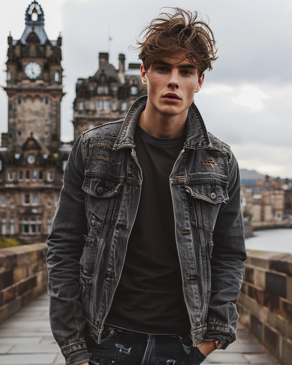 Dada-inspired men's grey jean jackets showcasing texture, rips, and asymmetric cuts symbolizing rebellion. Summer season. European male. Edinburgh Castle, Edinburgh city background.