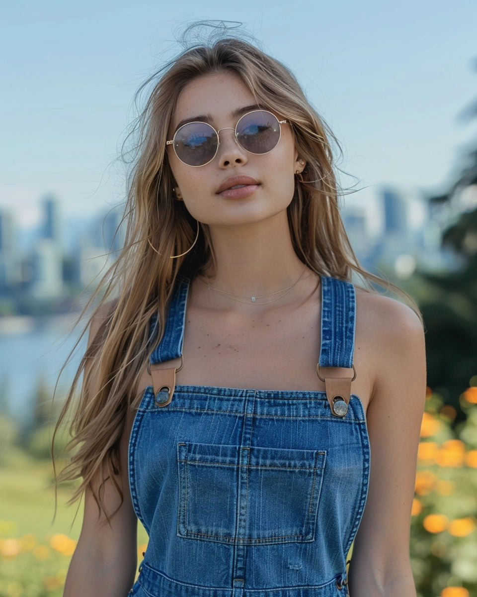 Women in jeans overalls, confidently showcased, vibrant style comeback. Summer season. European female. Stanley Park, Vancouver, Canada city background.