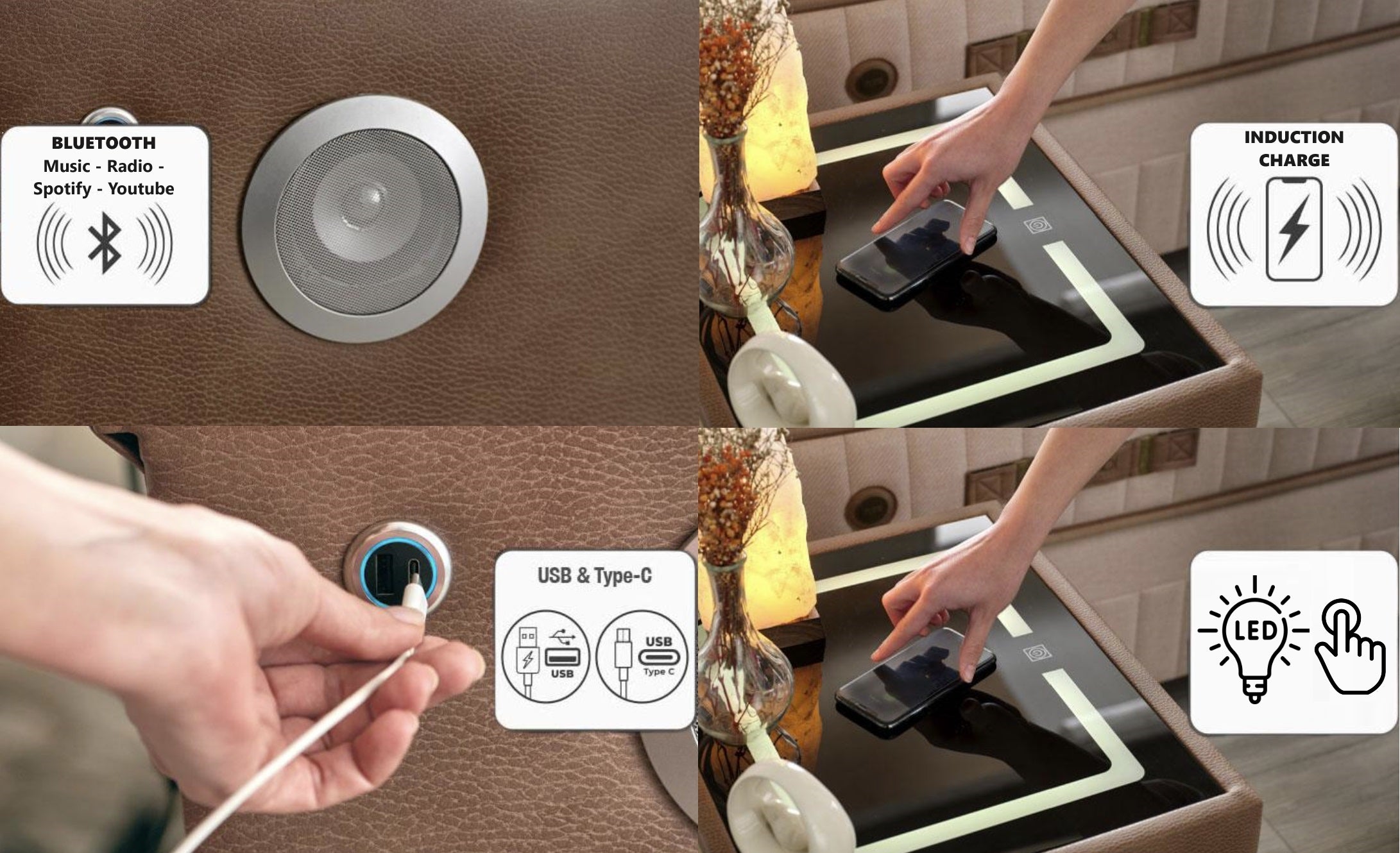 SMART BLUETOOTH KOMODİN + USB (Standart + Tip C) + Telefon ve Tablet İndüksiyonlu Şarj + Ayarlanabilir LED - Bella Home