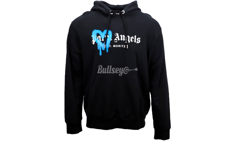 Palm Angels St. Moritz Heart Sprayed Logo Black/Blue Hoodie-pair of his Air Jordan 6 cleats