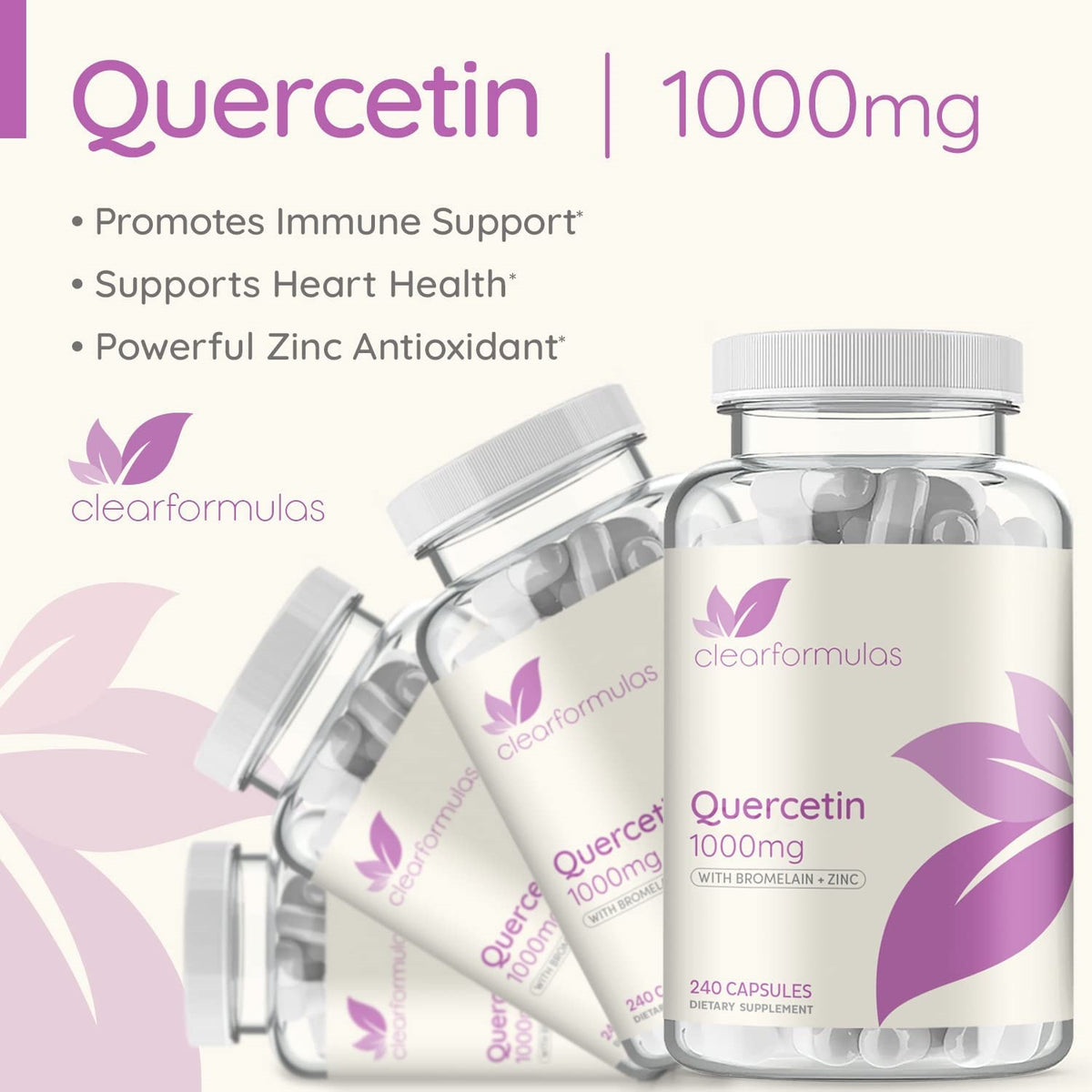 Clear Formulas Quercetin 1000mg Per Serving with Bromelain and Zinc Supplement - 240 Capsules - Quercetin Dihydrate to Support Immune Health and Cardiovascular