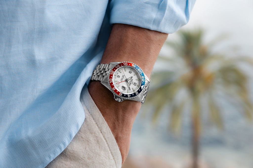 Delma Santiago GMT Meridian Automatic with white dial and blue/red bezel