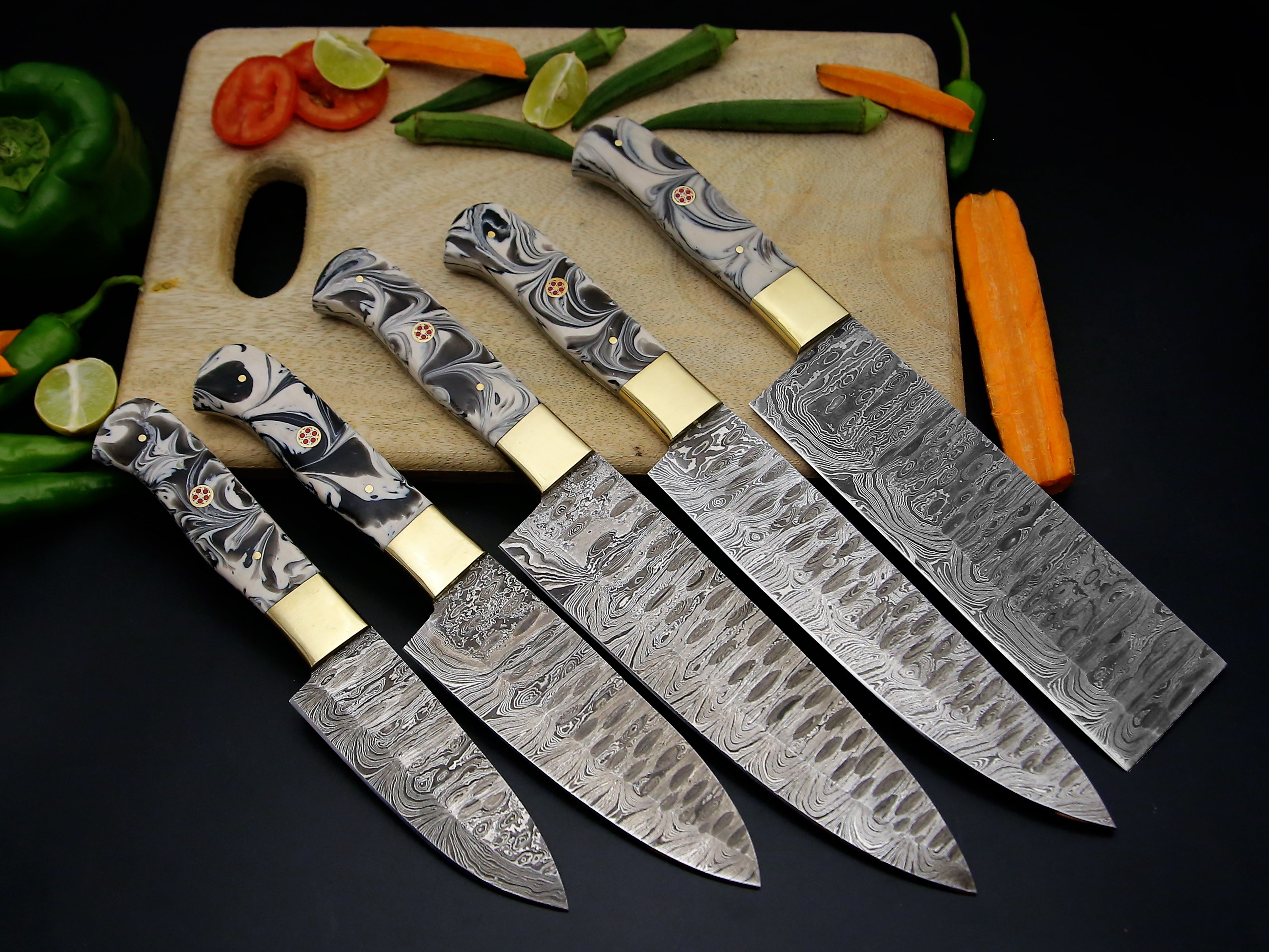 Personalized Handmade Damascus Steel Chef knife set of 5 PCS with Beautiful Resin Handle Kitchen Knife with Leather Kit