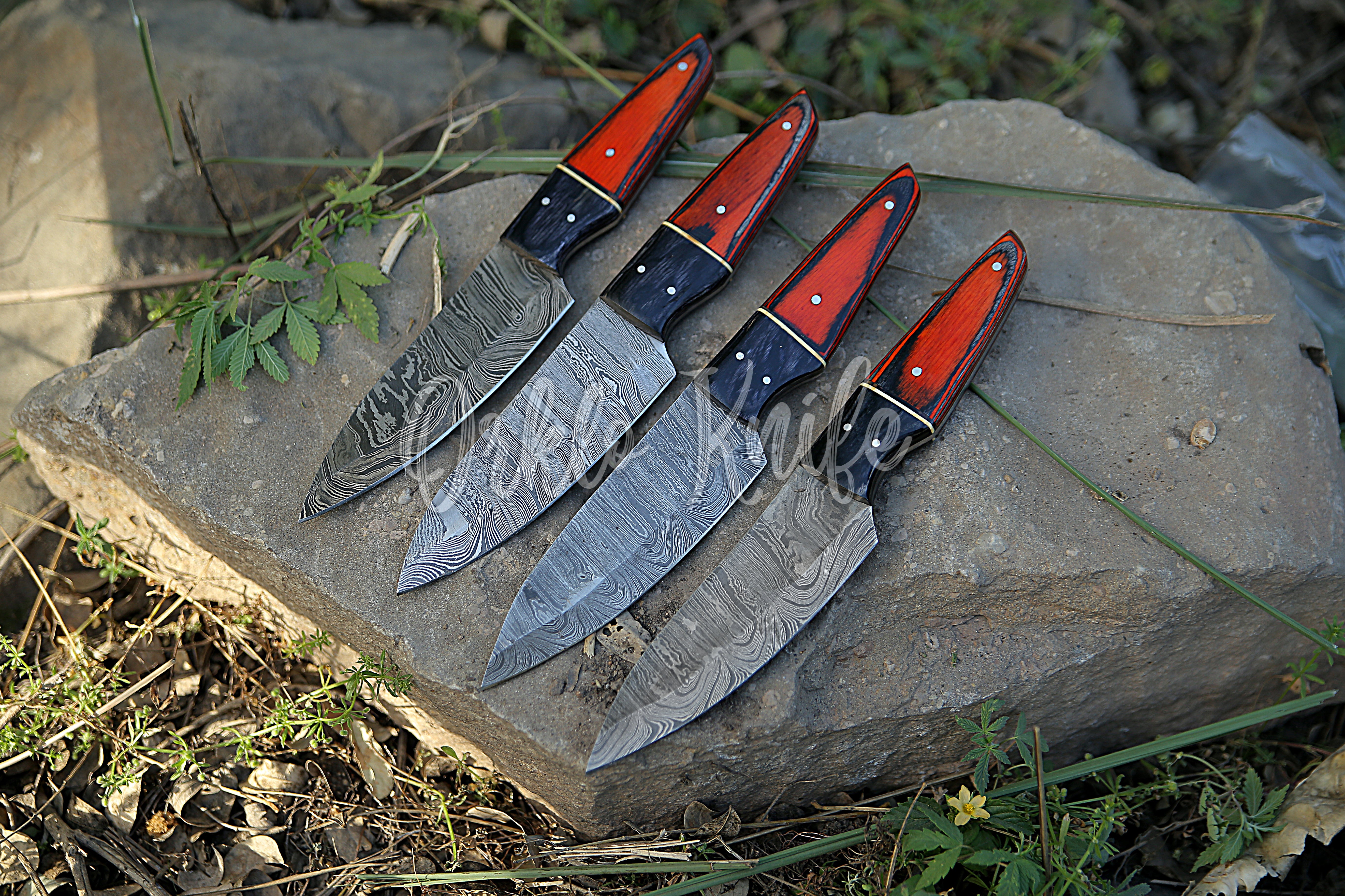 Handcrafted Damascus steel steak knives with razor-sharp blades and elegant colorful wood handles