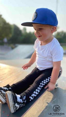 Blue toddler snapback hat on toddler at skatepark | Full Send | LB Threads