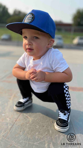 Blue toddler snapback hat on toddler at skatepark | Full Send | LB Threads