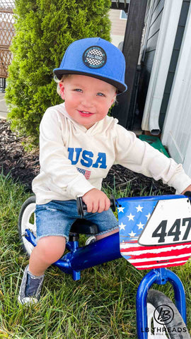 Blue Full Send toddler snapback hat | toddler on balance bike | LB Threads