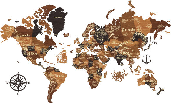 World map travel tracker, modern world map, 3d wood India