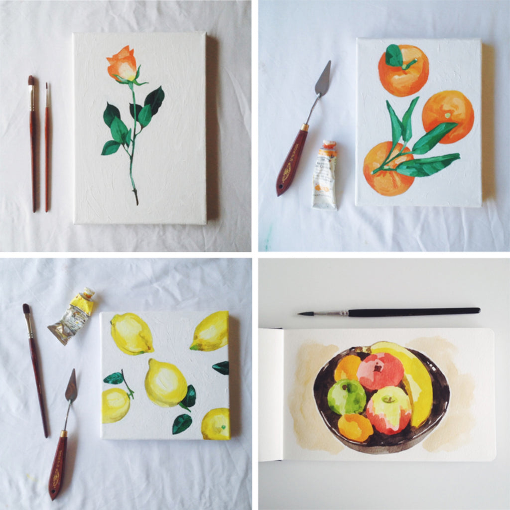four oil paintings of fruits