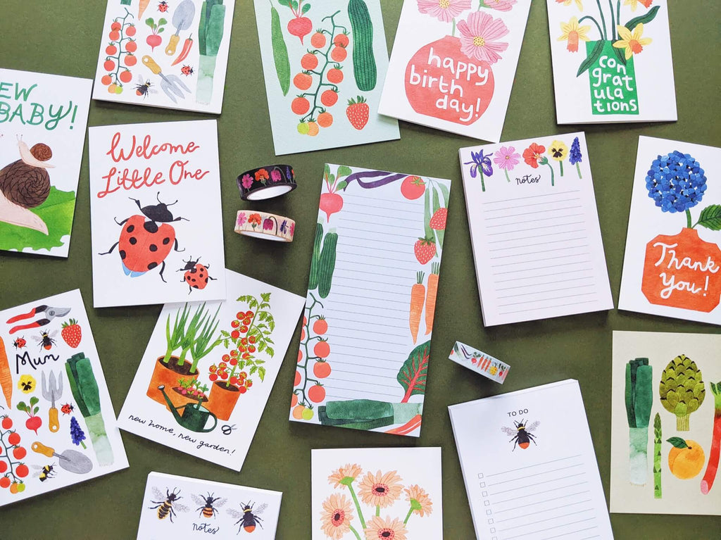 English Garden collection showing cards, desk pads and washi tapes