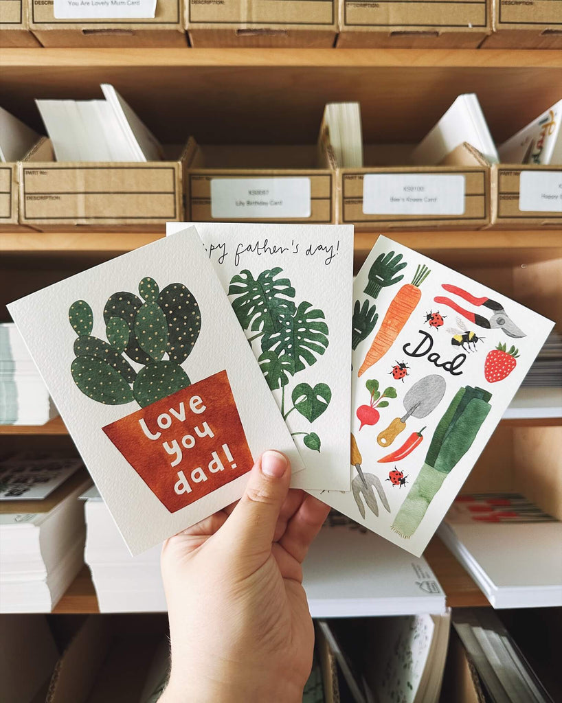 Three Father's Day cards featuring cactus, monstera deliciosa, and garden-themed illustrations