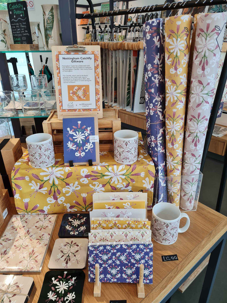 Patterned printed cards, prints, gift wrap, mugs, tea towels, and coasters. The design consists of Nottingham Catchfly flower