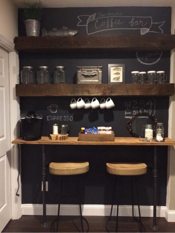 Combination of wall shelving and tables for coffee