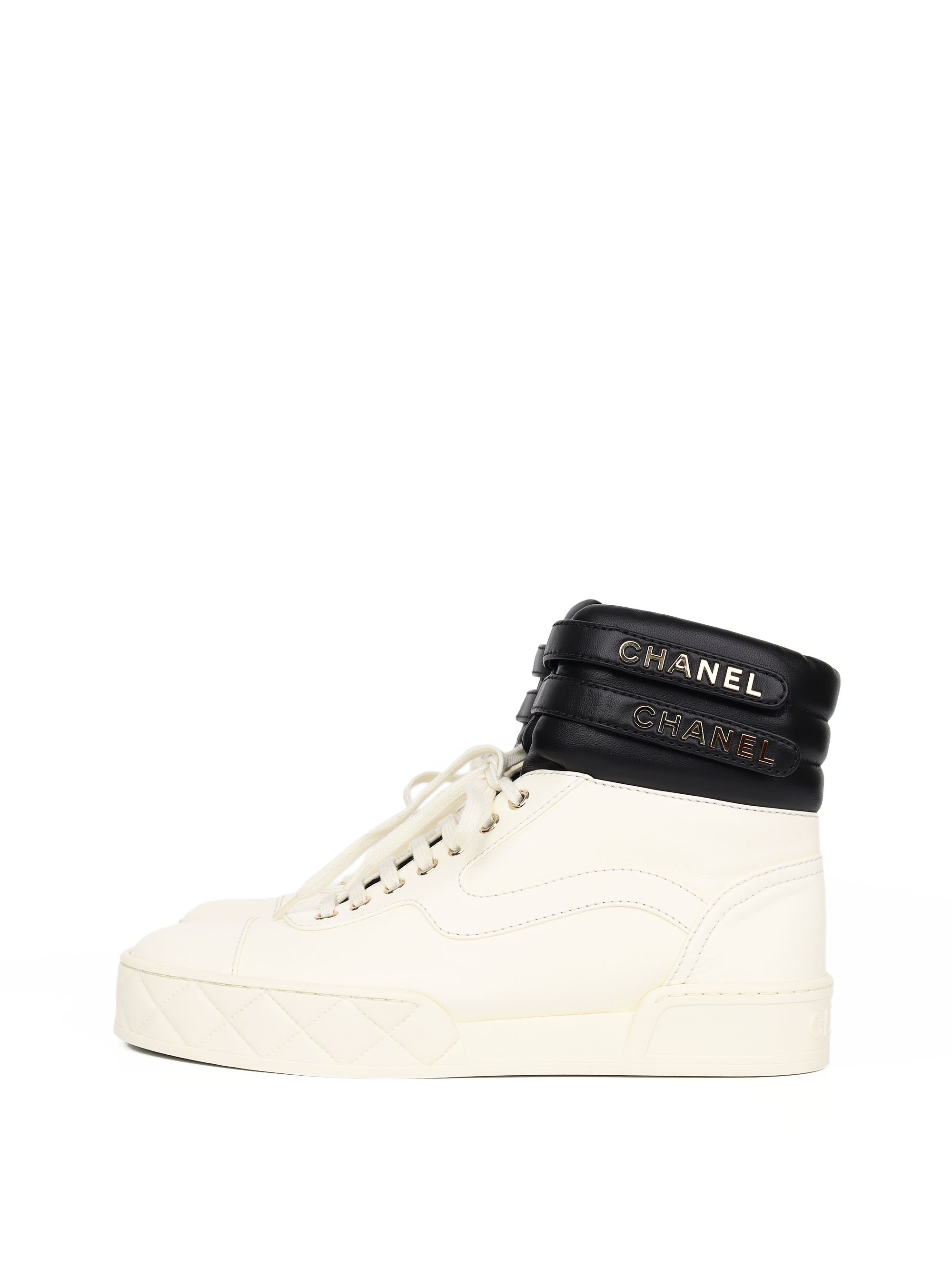 chanel black and white high top sneakers