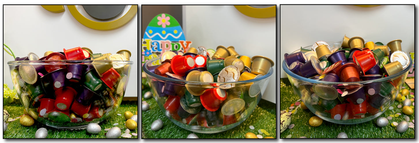 three photos of a bowl next to each other, different angles. bowls are filled with Nespresso compatible coffee capsules