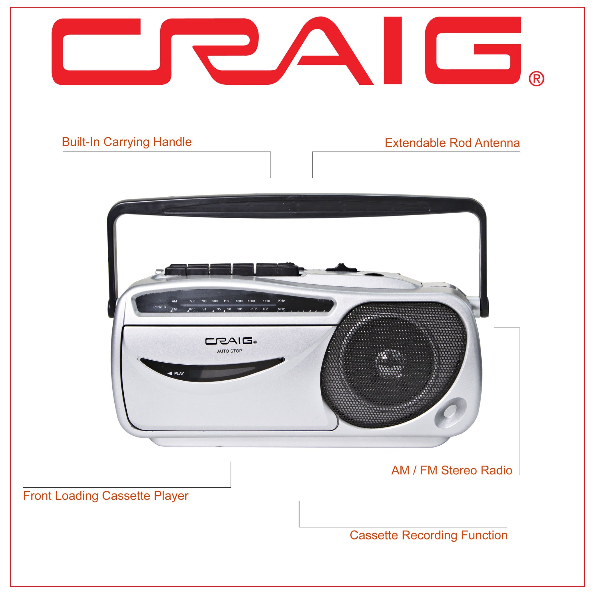 Craig CD6911 Portable Cassette Player/Recorder with AM/FM Radio in Sil –  Electronics