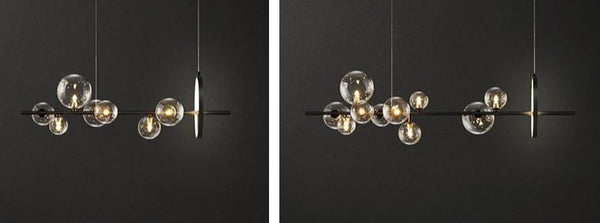 Lights of Scandinavia - Macrocosm - Modern hanging glass ball LED lighting. Nordic style chandelier for dining rooms, bars, restaurants or why not at the coffee shop?    2 sizes - 90 or 120cm width. 7 Heads - Width 90cm, Height 30cm, 7x5W + 17W 10 Heads - Width 100cm, Height 30cm, 10x5W + 17W