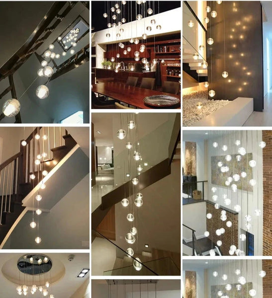 Polar Ball Stairs Chandelier with stainless steel frame and shimmering glass balls, showcasing modern design and icy elegance. Features energy-efficient LED G4 bulbs for bright, long-lasting illumination in contemporary interiors.
