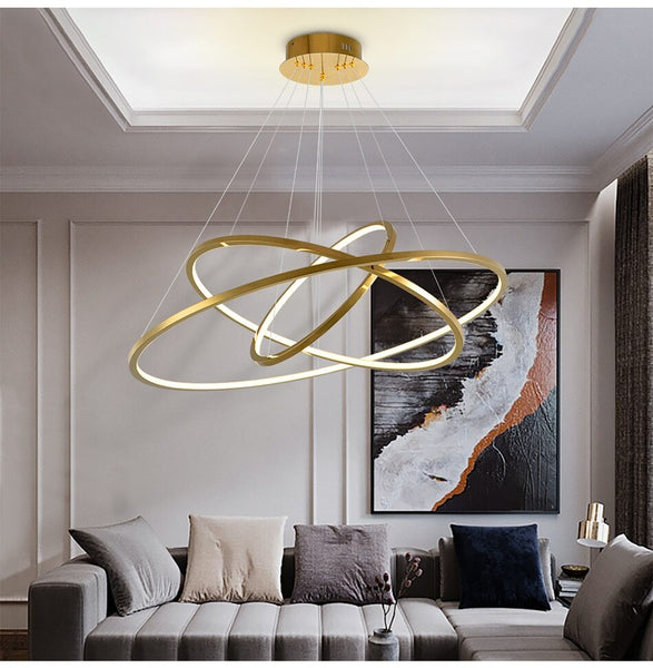 Lights of Scandinavia - Vienna - Simple yet elegant pendant light/chandelier. Modern minimalistic design, 1.5mm stainless steel with a vacuum plated gold surface and polymer silicone lampshade. Long-life LED chip. Adjustable hanging length. For high ceilings, we can customize suspension wires according to your request. Suitable for: Lobbies, bedrooms, living rooms, dining rooms, staircases, etc.