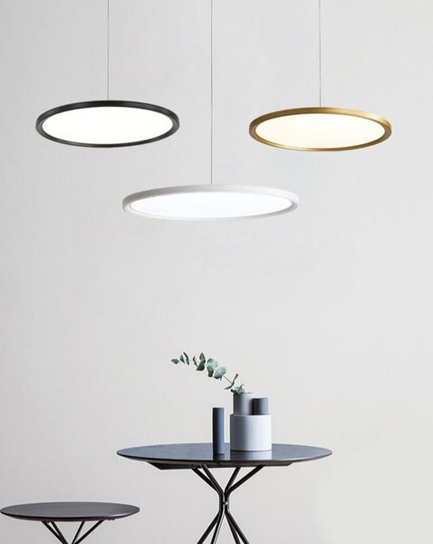 Lights of Scandinavia - Minimalist - Simple yet elegant pendant light.  Minimalistic ultra-thin aluminum body and adjustable cord length of up to 150cm.  Available in 3 sizes: 24W - Diameter 40cm, Height 5cm, 5-8m2 31W - Diameter 50cm, Height 5cm, 8-13m2 37W - Diameter 60cm, Height 5cm, 10-15m2