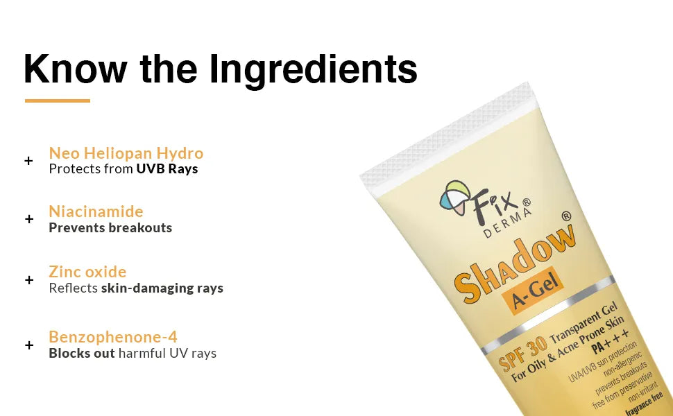 Fixderma sunscreen shadow spf 30 Acne Gel for Acne Prone skin know the ingredients