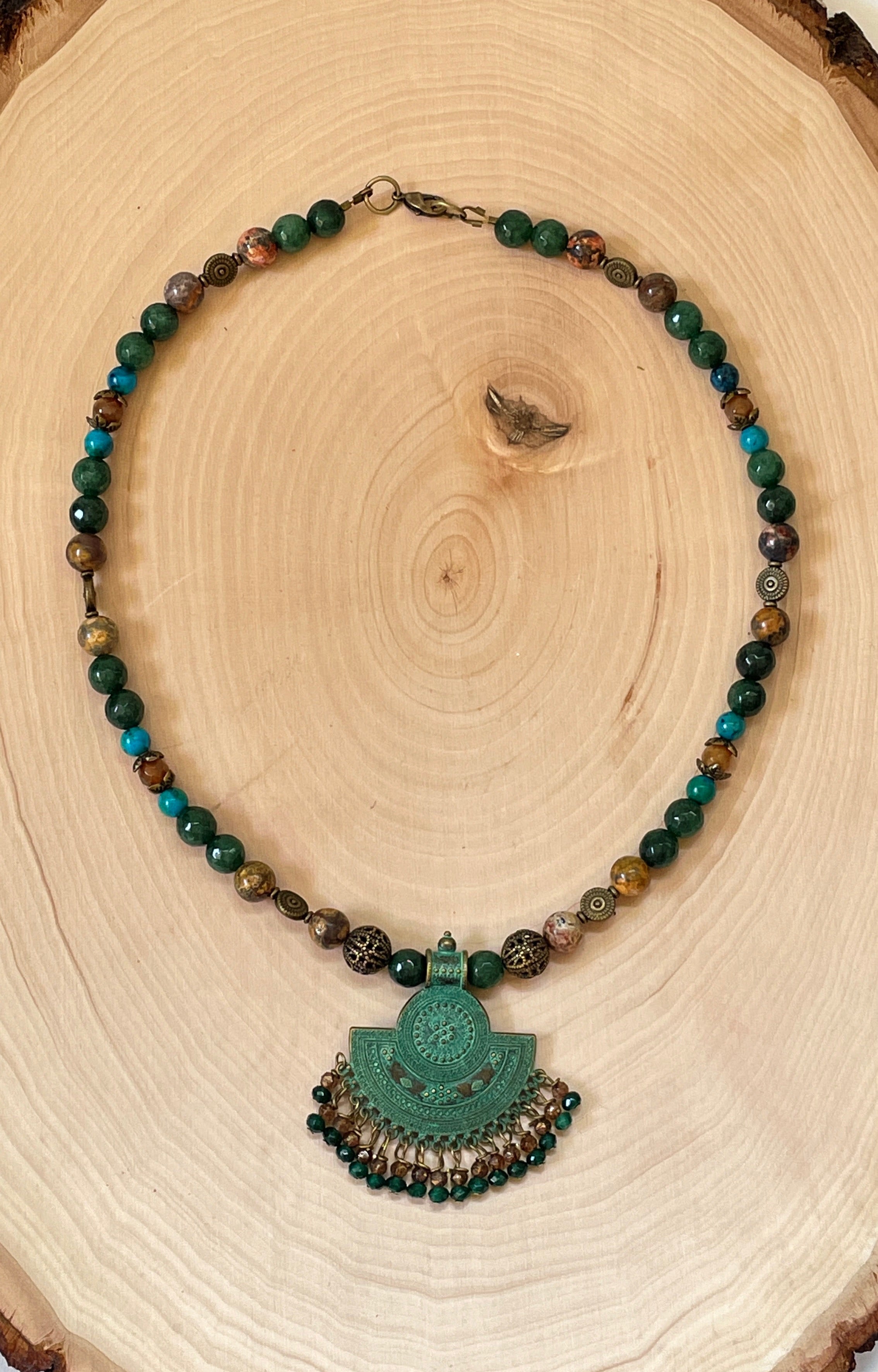 Oxidized Brass Pendant, Jade, Turquoise, Citrine Choker Necklace