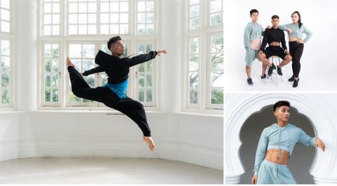 Trio of images comprising TikTok dancer and social media personality Kevin Tristan in cropped hoodie and matching harem jogger, transgender female model Camelia Natasha and yoga instructor Jerry Leong. All wearing gender fluid Finix athflow cropped hoodie and harem joggers.