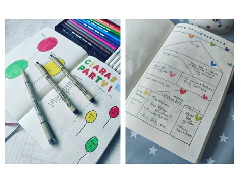 Two bullet journal layouts - 1 for a child's birthday party with balloon doodles and pens and 2 an illustration of a house with plans for home improvements drawn in each room