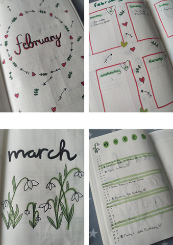 4 images showing a Valentine's Day themed February day-to-day bullet journal layout and a March Spring month bullet journal layout with doodles of snowdrops
