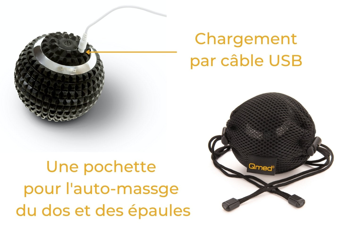 Une pochette pour auto-massage et le câble USB accompagnent notre Balle Vibrante