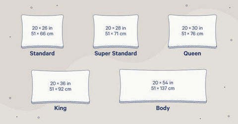 Tailles d'oreillers standard, super standard, queen, king et body.