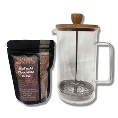 bag of cacao brew with a french press