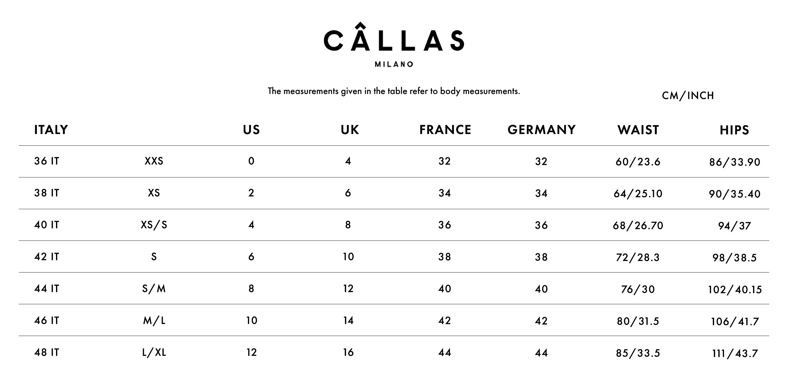 Callas Milano Size Guide