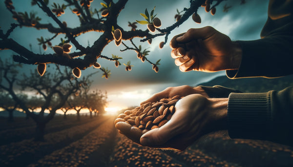 beste Nüsse in Deutschland - A landscape image of a farmer harvesting almonds, with a focus on the hands collecting almonds from the tree, set against a dark, early morning sky to emphasize the natural and careful harvesting process.