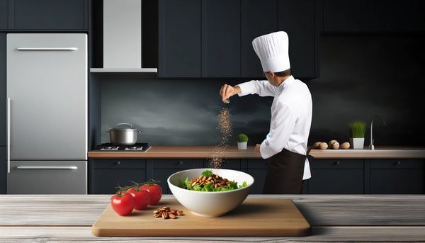 Was ist die beste Nuss - A landscape image of a nut sele - A landscape image of a chef preparing a gourmet dish in a professional kitchen, sprinkling a mix of finely chopped nuts over a salad,