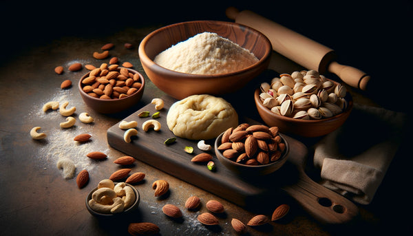 Was ist die beste Nuss - A landscape image of a nut sele - A landscape image of various nuts (almonds, cashews, pistachios) being used in a baking scenario, with nuts scattered around a dark wooden cutting board