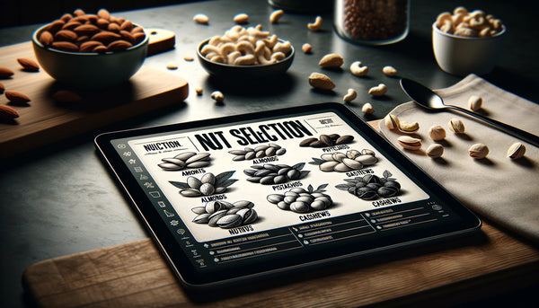 Was ist die beste Nuss - A landscape image of a nut selection guide on a digital tablet, displaying various types of nuts (almonds, pistachios, cashews) with their nutritional