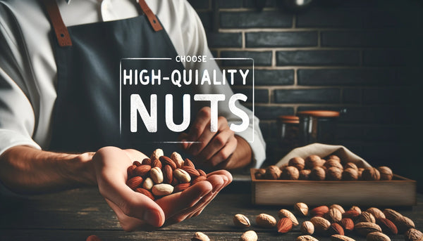 Was ist die beste Nuss - A landscape image of a person examining a handful of nuts, with a focus on the texture and quality, against a dark, rustic kitchen background.