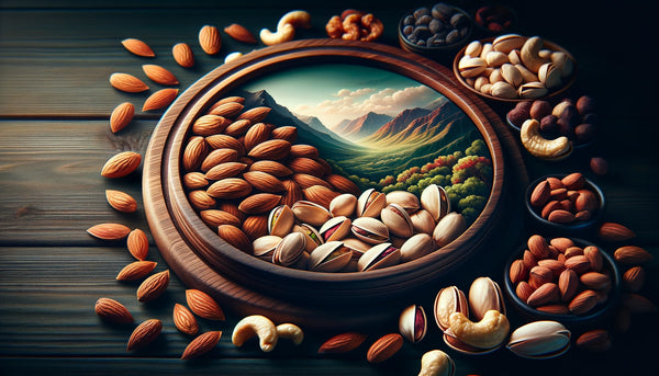 Was ist die beste Nuss - A landscape image of a variety of nuts (almonds, pistachios, cashews) on a dark wooden surface, showcasing their rich colors and textures.