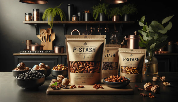 A high-quality landscape photo of a dark, sophisticated kitchen setting with a variety of nuts from P-STASH elegantly displayed in premium packaging, highlighting the brand's commitment to quality and style.