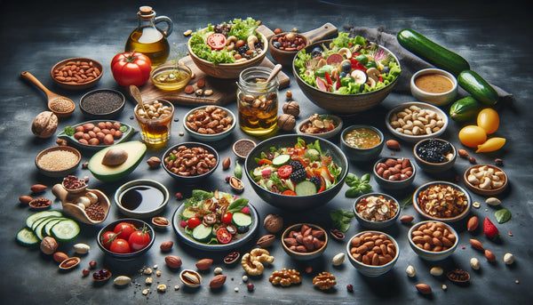 beste Nüsse in Deutschland - A landscape image showcasing a variety of nut-based dishes and recipes, like salads and desserts, on a dark table, highlighting the versatility and culinary uses of nuts from P-STASH.