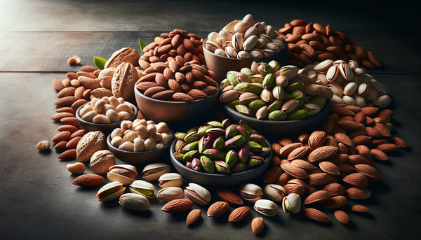 beste Nüsse in Deutschland - A landscape photo of a variety of high-quality nuts including almonds, pistachios, and cashews spread out on a dark, elegant surface,