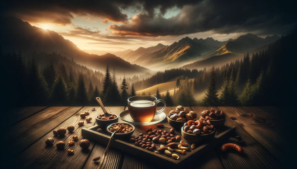 Landscape photo capturing the essence of a cozy evening with a selection of P-STASH nuts on a dark wooden table, accompanied by a warm cup of tea, illustrating the perfect relaxing moment.